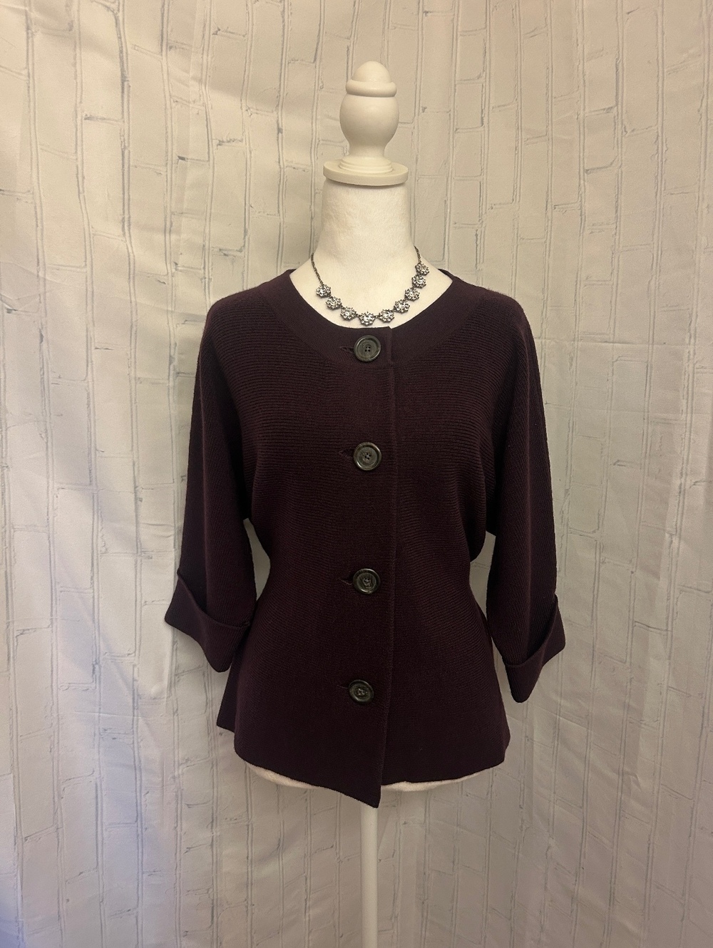 Banana Republic Plum Wool Sweater M Eggplant Button Up 3/4 Sleeve Fall 2009